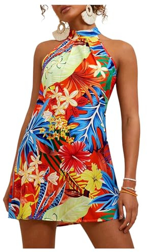 Floerns Women's Sleeveless Floral Print Sundress Halter Neck A Line Short Dress Orange Red Multi Medium