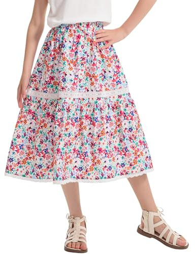 Rolanko Gonna Lunga Floreale Boho per Ragazze, Abito Lungo Svasato con Volant a Vita Alta Elasticizzato e Linea ad A, Rosso Floreale, Taglia: 7-8 Anni/130