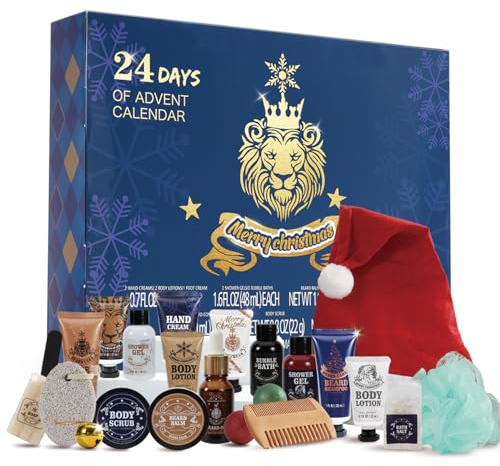 Advent Calendar 2026 Men 24PCS Lion Christmas Gifts With Xmas Hat Men’s Beard Care Set Bath and Body Gifts Set for Men Christmas Countdown Calendars for Boyfriend