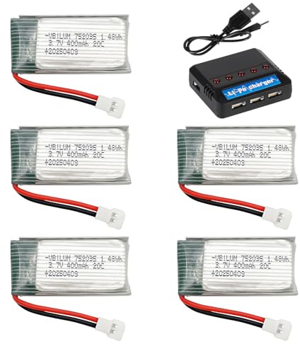 Batería de polímero de litio de 3,7 V 400 mAh 20 C con conector Molex para aviones RC, mini drones, cuadricópteros, modelos de aviones, batería con cargador 5 en 1 (5 unidades)