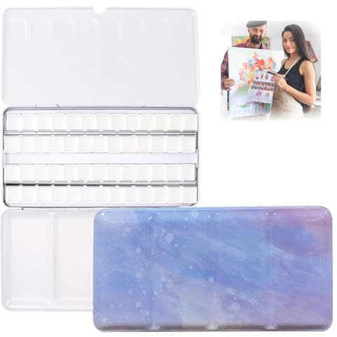 Tavolozza vuota per acquerelli, palette di colori con 52 pcs metà padelle, scatola per pittura ad acqua, grande scatola in metallo, per acquerello, pittura a favore, fai da te, acqua fantasiosa viola