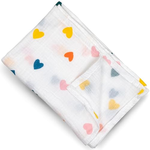 PinkZebra Manta para bebé de muselina bio, doble gasa, 80 x 70 cm, manta para bebé, 100% algodón orgánico, paño para envolver para bebés, fabricado en la UE, certificación GOTS, corazones