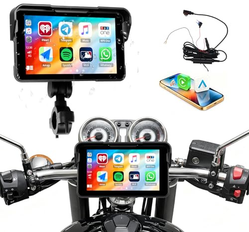 [2026 CARPLAY] CAMECHO 5 Pouces Écran Tactile sans Fil Carplay Moto avec Bluetooth, GPS Moto Voiture avec CarPlay sans Fil Android Auto IP67 Étanche Moniteur Universel avec Réglage EQ pour Motos 12V
