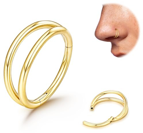 Titanium Double Hoop Nose Ring 20G 18G Gold Silver Balck Nose Rings Hoops for Women Men Hypoallergenic 6mm 7mm 8mm 9mm Nose Nostril Septum Cartilage Helix Daith Conch Rock Piercing Jewelry (Gold-18g, 8mm)