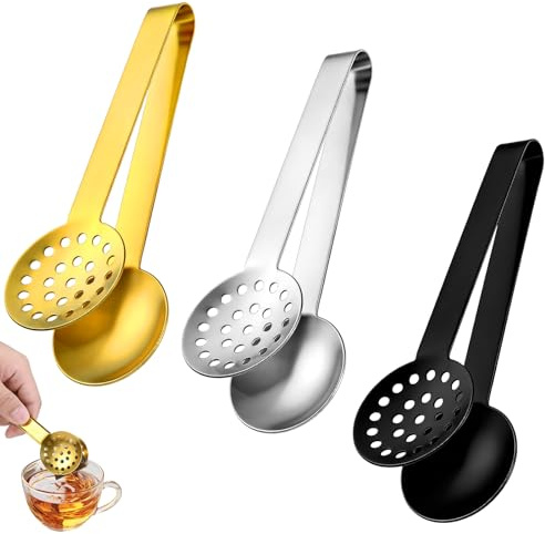 HJZHII 3 Pcs Tea Bag Squeezer Tongs, Stainless Steel Teabag Strainer Dispenser Tea Filter Spoon Clamp Dispenser Accessories for Gripping Teabags Ice Sugar Lemon Slice (Black, Silver, Gold)