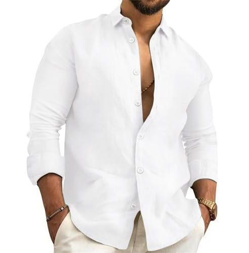 Litthing Mens Linen Shirts Long Sleeve Cotton Summer Shirt Regular Fit