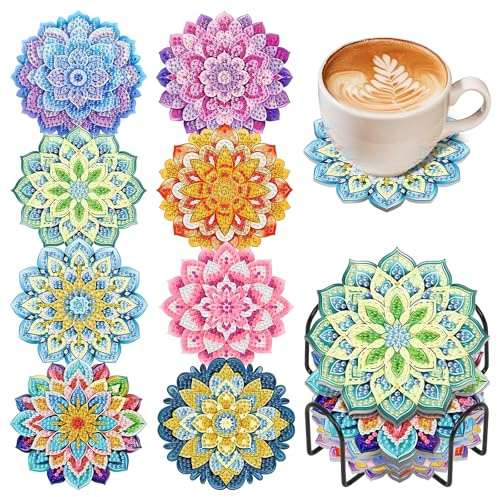 8 Pcs Mandala Diamond Art Coasters Kit with Holder and Cork Backing