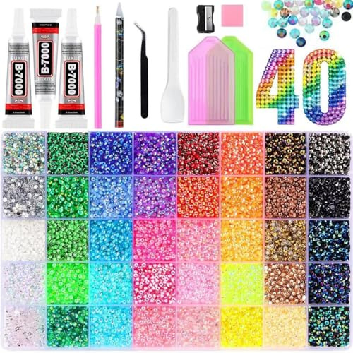32000Pcs Resin Jelly Rhinestones Bedazzling Kit with Glue and New Tools | 40 Colours, 3mm Multicolor Flatback Rhinestones, with 3Pcs Glue and Tools, Bedazzle Kit for Crafting Book Makeup Shoes