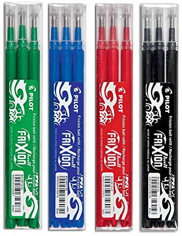 Pilot FriXion Ball Tintenroller 0,7 Ersatzminen Nachfüllminen (12er Set, Standardfarben) je 3 blau, schwarz, rot und grün