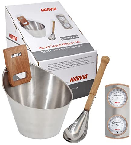 Harvia Zubehörpaket SA006 Saunakübel Schöpfkelle Thermometer Edelstahl Sauna Set
