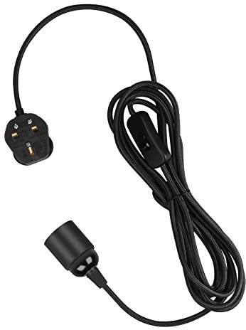 Teynewer Pendant Light Ceiling Lighting Fitting, E27 Lamp Holder with Switch Suspended Pendant Light Fitting Kit, 2 Core Textile Cable UK Plug (Black, 4m)
