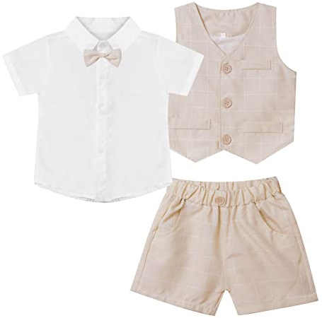 ranrann Set bröllop pojke baby barn gentleman skjorta shorts dop outfit födelsedag fotoutfit set sommar 9 månader - 8 år, Beige färg, 7-8 ans