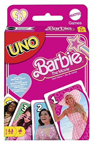 Barbie The Movie - UNO Kartenspiel für Filme Fans mit Lieblingscharakteren und unvergesslichen Szenen, Sonderregel Zu viel gespielt, für 2-10 Spieler ab 7 Jahren, HPY59