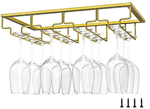 Bssowe Rack per Calici, Supporto per Calice, Portabicchieri a 4 File, 4 File di Supporto per Bicchieri da Vino, Con Viti di Montaggio, 4 Righe, Alta Capacità, für Banchi Bar, Cucine (Oro)