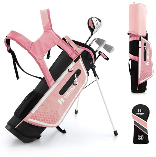 GOPLUS Clubs de Golf pour Enfants, Fairway #3, Fers #7, Fer #S et Putter, Sac Trépied avec Capuche Anti-Pluie, pour Garçons et Filles âgés de 5-7/8-10/11-13 Ans(Rose,8-10 Ans)