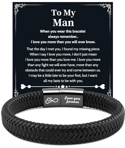 VU100 Gifts for Men Valentines Day Gifts for Him Leather Bracelet for Men To My Man Bracelet I Love You Christams Anniversary Birthday Present for Boyfriend Husband (21.5cm)