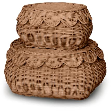 BEBE BASK The Original Scalloped Basket Set Of 2 - Small Scallop Basket - 15 x 10 x 6 In - Hand-Woven & Award-Winning - Elegant Wicker With Scalloped Edge Lid - Nursery Storage - (Mocca)