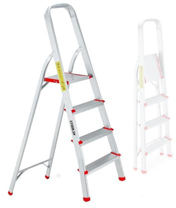 Escabeau à 4 marches BM TOOLS BMT-ESC4-ALU - Haut. de Travail : 79 cm - Prend Peu de Place et se Range Facilement - en Aluminium