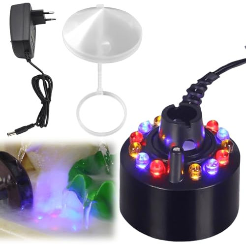 Brumisateur à ultrasons, 350 ml/h, avec protection anti-éclaboussures amovible blanche, mini générateur de brume avec 12 lumières pour fontaine à eau, bassin, pot, rocaille, vacances, fête