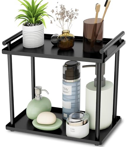 BETHOM 2 Tier Küchen Gewürzregal Standregale, Metall Regal Badezimmer Arbeitsplatte Organizer Stehend, Kosmetik Aufbewahrung für Vanity, Badezimmer, Küche, Wohnzimmer, Schlafzimmer (Schwarz)
