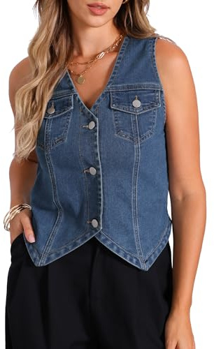 Allegra K Veste en Jean Femme Sans Manches Blouson Boutonnée Col en V Décontractée avec Poches Gilet en Denim Vintage Bleu S