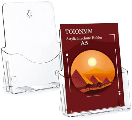 2 Pack A5 Acrylic Brochure Holder - Clear Freestanding Pamphlet and Magazine Display - Wall Mount/Countertop Organizer for Flyers, Booklets, Documents
