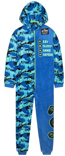 Get Trend Pyjama Grenouillère Polaire Garçon et Ado, Tenue de Cocooning à Capuche, Style Gaming, Idée Cadeau Gamer (13-14 Ans, Bleu Gaming)
