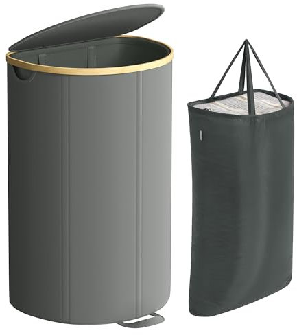 SONGMICS Cesto Portabiancheria, Porta Biancheria, 90 Litri, con Coperchio, Sacco Interno Rimovibile, per Lavanderia Camera da Letto Soggiorno, Grigio Ardesia e Beige Naturale LCB547G01