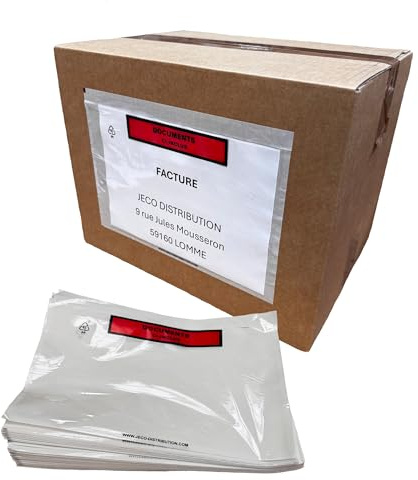JECO - Lot de 500 Pochettes A5 porte-document adhésives documents ci-inclus, pochettes d’expéditions autocollantes 225 x 165 mm pour colis