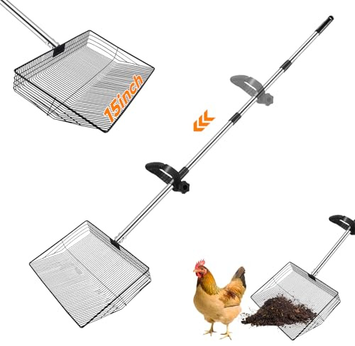Hühnerstall Zubehör,3 in 1 Einstellbar Hühnerschaufel,38cm groß Hühnerkotschaufel mit 137cm Griff für Hühnerstall Zubehör, Siebschaufel für Trennung von KOT und Schutt von Sand de Hühner Einstreu
