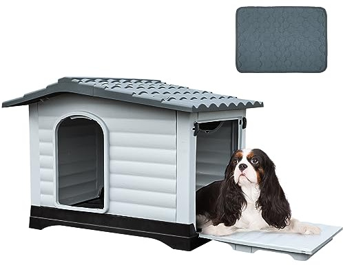 YITAHOME 36'' 2-Door Large Dog House with Elevated Base & Cushion, Plastic Pet House for Small and Medium Dogs, Easy Assembly, Waterproof for Indoor/Outdoor Use (36''L x 27.1''W x 26''H)