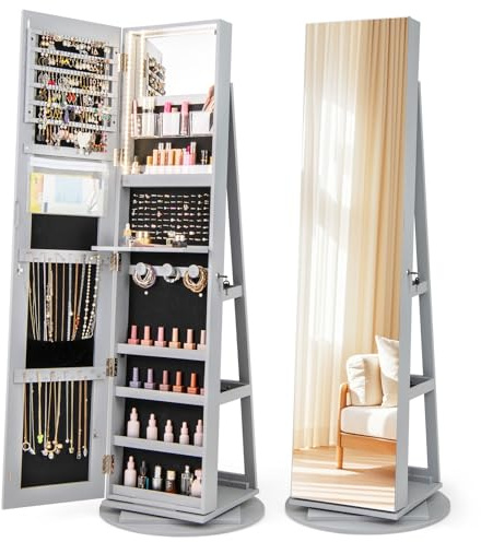 RELAX4LIFE Armoire à Bijoux Pivotante à 360º avec Miroir Pleine Longueur, Miroir Bijoux sur pied avec Rangement, Éclairage LED, 3 Étagères pour Bagues Boucles d'Oreilles (Gris)