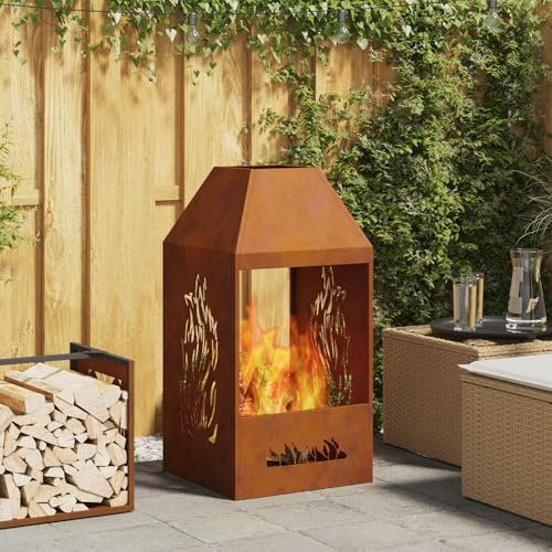 BARULUOAKLIFE Focolare Rettangolare Rustico in Acciaio Inox per Esterni, Finitura Invecchiata Marrone Intagliato, Schermo Anti-Spark, Capacità 4 Persone, 50x50x100 cm, Ideale per Balcone