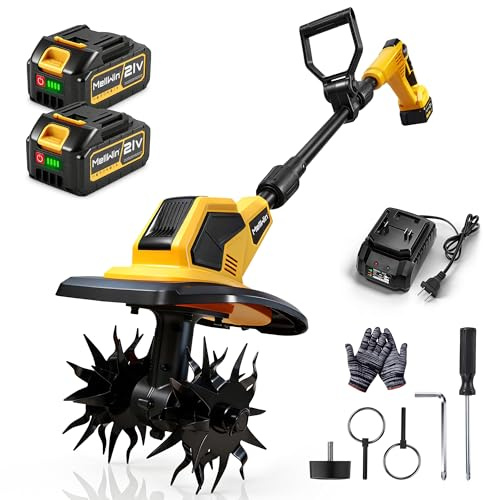 MELLWIN Motoculteur électrique avec 2 Batteries 4000 mAh 21 V, sans balais, motoculteur Rotatif 360 TR/Min avec Fraises en Acier,motobineuse Electrique Largeur de Travail 24 cm et Profondeur 17 cm