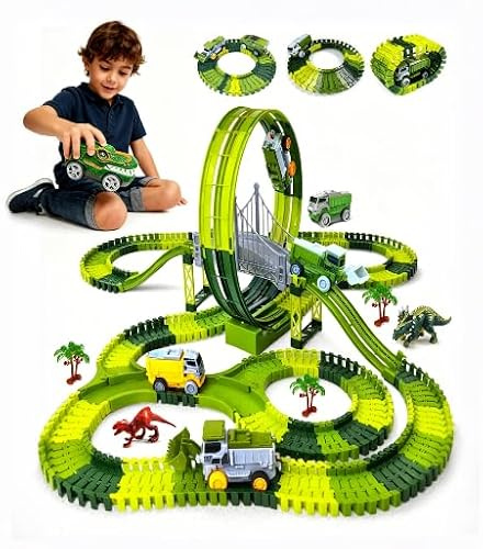 360-Circular Loop Dinosaur Race Track Toy, 271 PCS Create A Dinosaur Road Race World, 2 Electric Dino Race Cars, Flexible Race Track Set, Ideal Birthday Party Gift for 3-9 Year Old Kids Boys Girls