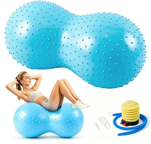 Qnbonrich Yogabula jordnötsboll 45 x 90 cm, gymnastikboll med noppor och luftpump, anti-burst peanut boll 1 100 g, balans massageboll för yoga, pilates, rehabilitering, blå, i presentförpackning