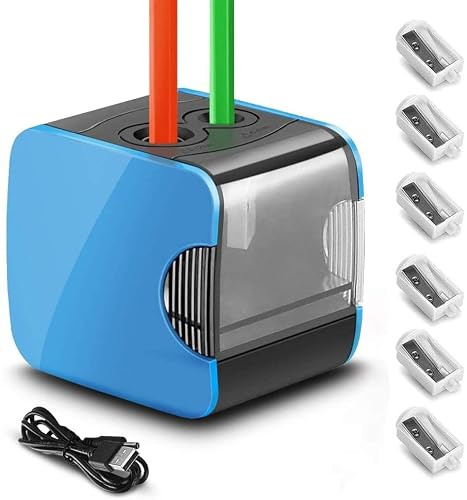 Taille-crayon électrique avec récipient pour enfants, alimenté par piles et USB, taille-crayon avec boîte, 2 tailles, crayons épais et fins, avec 4 lames de rechange (bleu)