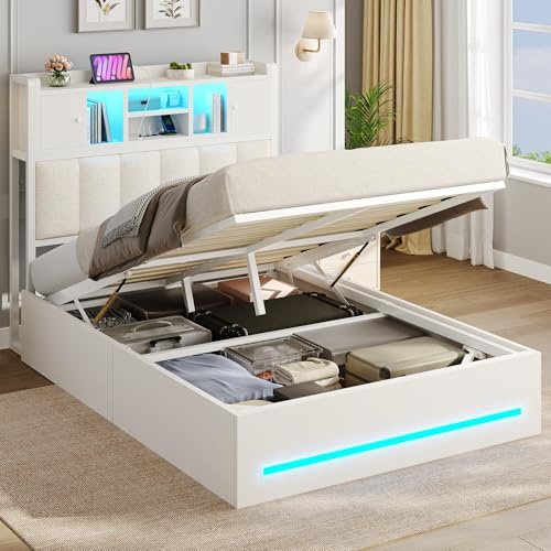 AGOLLATI Camas Individual 90x200 con Estación de Recarga y LED, Cama Canapé Hidráulica, Estructura Cama Cabecero Tapizado con 7 Compartimentos de almacenaje, Somier de Láminas de Madera, Blanco