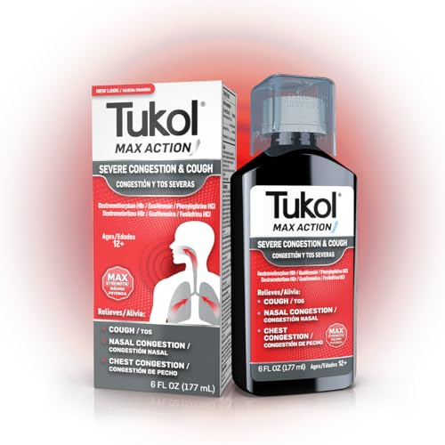 TUKOL Max Action Severe Congestion & Cough Medicine for Adults – Expectorant Cough Syrup, DM Cough Syrup, Dry Cough Cold and Sore Throat Medicine, Chest Decongestant,12+ Years, 6 Fl Oz