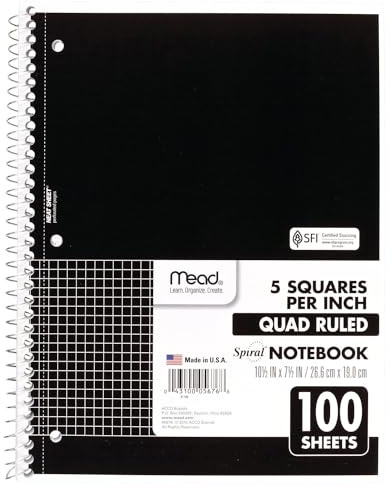 Mead Spiral Notebook, 1 Subject, Graph Ruled Paper, 7-1/2 x 10-1/2, 100 Sheets, Black (05676AA5)