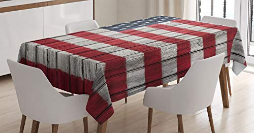 ABAKUHAUS Vereinigte Staaten von Amerika Tischdecke, Fourth of July Independence, Inn und Outdoor Bereich geeignet Waschbar Druck Klare Farben Kein Verblassen, 140 x 170 cm, Dunkelblau Weiß