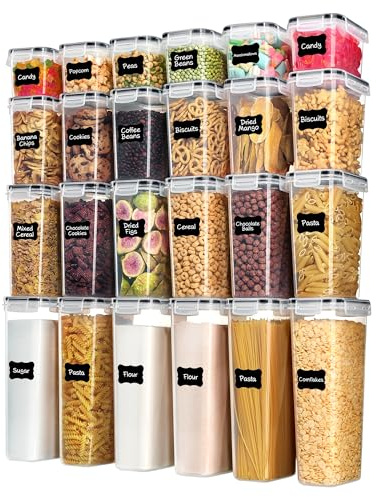Airtight Food Storage Containers with Lids, Vtopmart 24 pcs Plastic Kitchen and Pantry Organization Canisters for Cereal, Dry Food, Flour and Sugar, BPA Free, Includes 24 Labels，Black