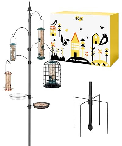 iBorn Futterstation zum Aufhängen aus Metall-220cm,5 in 1 Multi Vogelfutterspenderständer Set mit Vogeltränke,Futterteller,Ø2.5cm Pole,4 Haken und 5 Prong Pole Stabilizer(Bird Feeders NICHT enthalten)