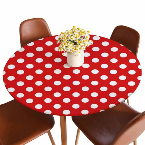 Guxxuil Polka Dots Round Fitted Tablecloth White and Red Spots Modern Contemporary Polka Dot Elastic Edge Tablecloth Waterproof Oilcloth Table Cover for 40-44