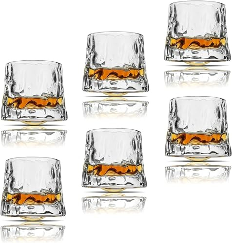 Sthrucrack Roterande dekomprimerbara whiskyglas – Set med 2 barglas i antik stil för bourbon, scotch, rom (6 st hamrade texturförpackningar, 180 ml (6 oz))