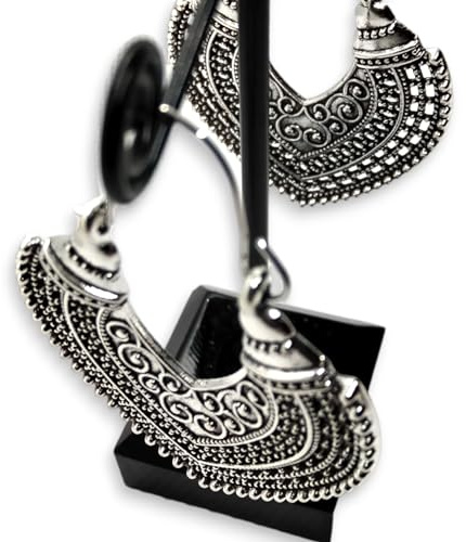 WORLD GOBLINS Pendientes Vintage Plata Hueco de Estilo Nacional Hippie. Llamativos en Forma de Corazón Hechos a Mano, Joyería Original Artesanal. Córdoba. España. Regalo Mujer (Óxido Corazón)