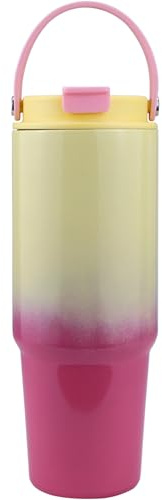 Disoza Thermobecher 30 oz Trinkbecher mit Deckel und Strohhalm 900 ML Kaffeebecher To Go Coffee Becher mit Strohhalm Edelstahl Tumbler Cup Wasserflasche mit Henkel Rot-Gelb Trinkflasche mit Strohhalm