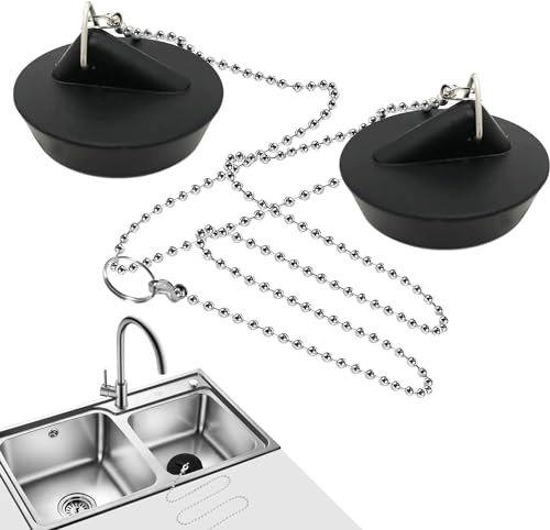 2 bondes, avec chaîne à Boules en Acier Inoxydable, Bouchon de Baignoire de 4 cm avec chaîne de 40 cm, Bouchon de lavabo, pour évier de Cuisine (Noir + chaîne)