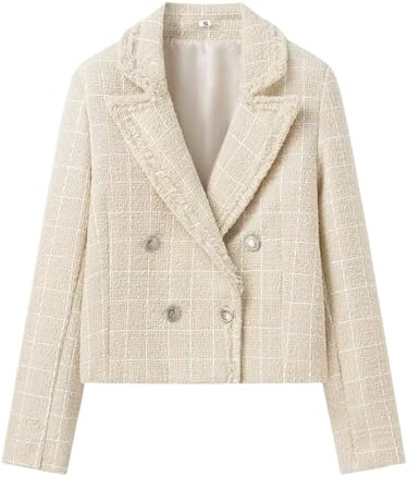 Goolecrimp Chaqueta Tweed Mujer Primavera y Otoño Oficina Transicional Casual Vintage Clásico Chaqueta Corta Moda Solapa Cintura Elegante Chaqueta Blazer Versátil (Beige,M)