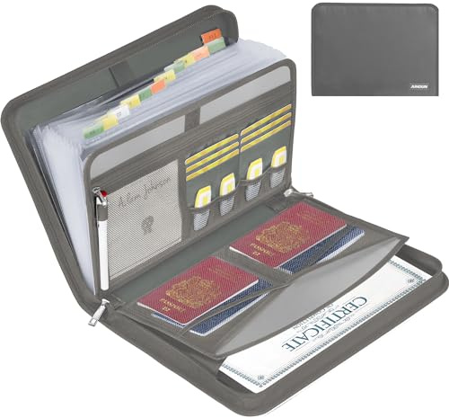 JUNDUN Fireproof Document Organiser with 13 Pockets for A4 Documents | Water-Resistant, Important Document Folder with Multi-Pockets, Labels, Zipper for Cash, Receipt and More, Grey